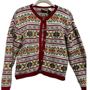 Vintage Liz Claiborne Womens Fair Isle Wool Blend Cardigan Sweater M Button up